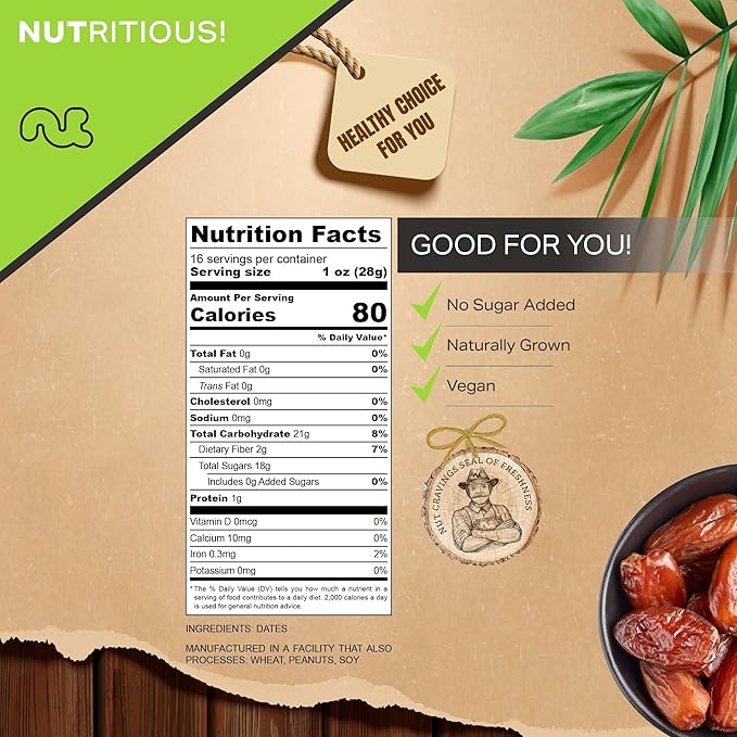 NUT CRAVINGS - Sun Dried Deglet Noor Dates Pitted, No Sugar Added, Unsulphured (16oz, 1 LB) Bulk Dry Fruits Packed Fresh in Resealable Bag - Sweet Healthy Snack, Naturally Grown, Vegan, Kosher