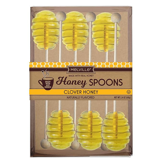 Melville Candy All Natural Honey Spoon Gift Set ??Spoons & Lollipops on Wooden Ball Sticks ??Gluten-Free, Made in USA Stirrers for Tea, Coffee, & Hot Beverages - Individually Wrapped (6-count, Honey Dipper)
