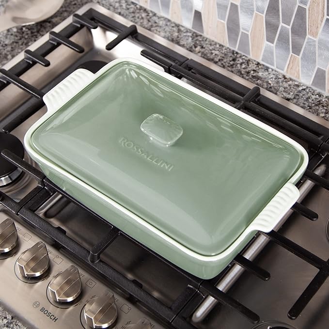 Stoneware Casserole Dish Bakeware Set with Lid, Covered Rectangular Dinnerware, Extra Large 4.23 Quart, 13 by 9 Inch, Verde Salvia [Sage Green]
