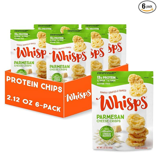 Whisps Cheese Crisps Parmesan Cheese | Protein Chips | Healthy Snacks | Protein Snacks, Gluten Free, High Protein, Low Carb Keto Food (2.12 Oz, 6 Pack)