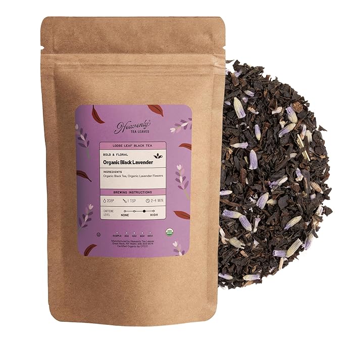 Heavenly Tea Leaves Organic Black Lavender, Loose Leaf Black Tea, 4 oz. (Approx. 50 Cups of Tea) - Strong, Full Bodied, Brisk, Great For Hot Or Iced Tea, Naturally Caffeinated, Premium Quality
