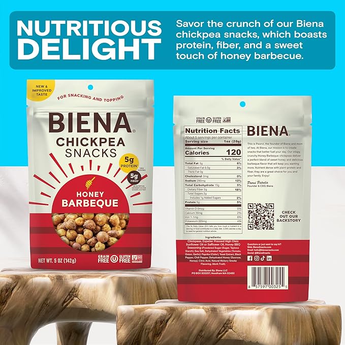 BIENA Chickpea Snacks - Crunchy Roasted Chickpeas - High Fiber Protein Snacks for Adults and Kids - 4-Pack, 5 Ounce Bags - Barbecue