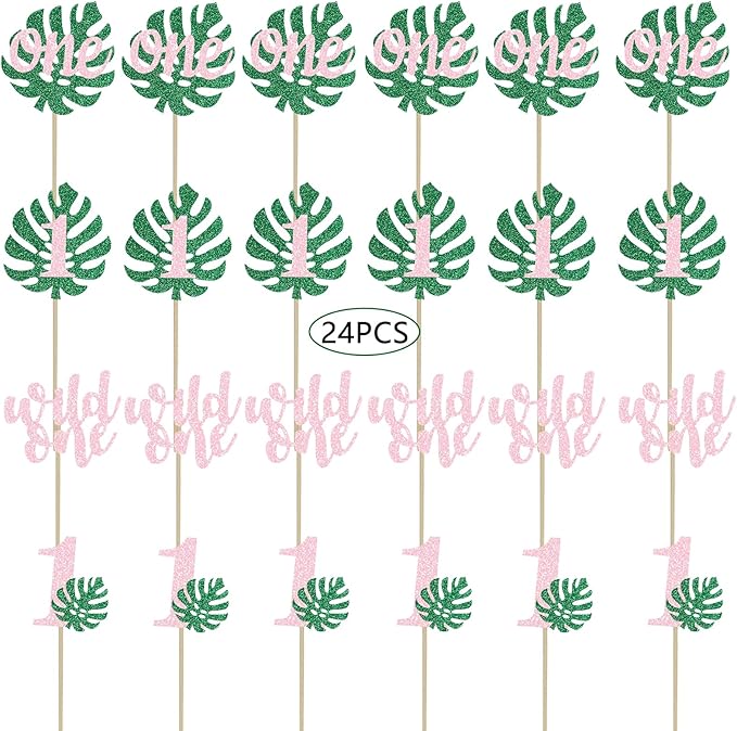 Safari Wild One Cupcake Topper Girls 1st Tropical Leaf Birthday Party Jungle Animals Decorations Pink 1