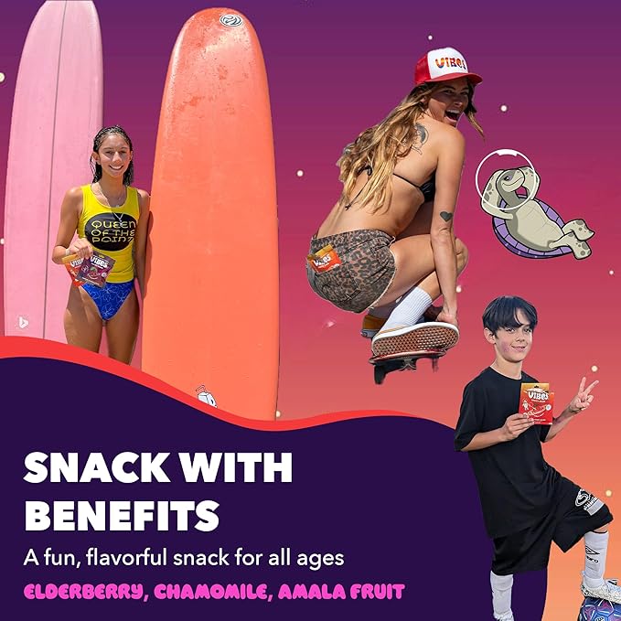 VIBES Strawberry Glow Fruity Stars - Healthy Gluten-Free & Vegan Fruit Chews - Fruit Snacks for Kids, Teens, & Adults - High Fibre - non-gmo - 2g Sugar - 6 Pouches of 18 Fruit Gummies in Each Box
