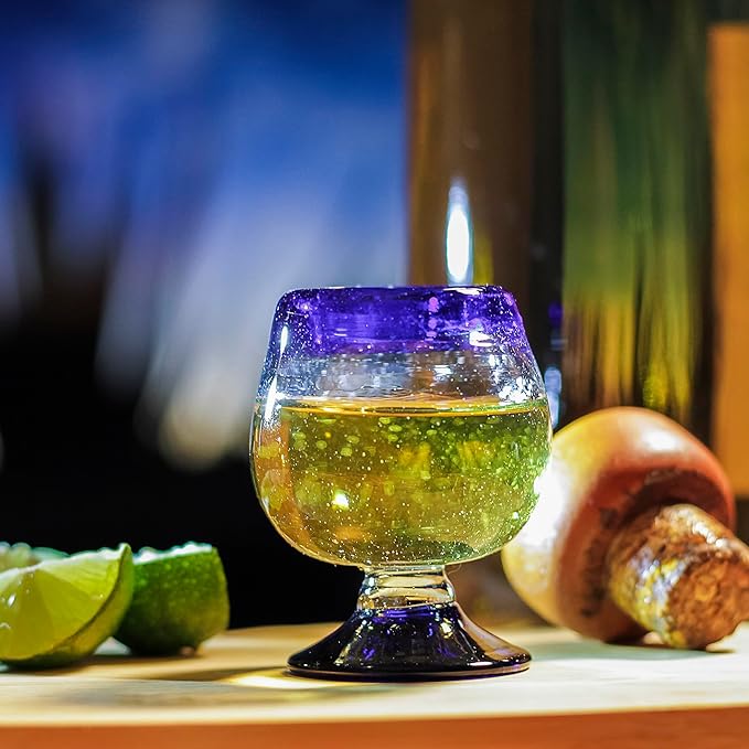 Authentic Mexican Tequila Hand Blown Shot Glasses - Set of 4-2 oz - Mini Glass Snifters - Heavy Base - Cognac (Cobalt Blue Rim)