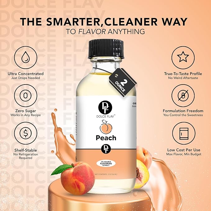 Dolce Flav Peach Extract (Oil-Soluble) 8 oz ??Kosher, Sugar-Free, Concentrated Juicy Peach Flavoring for Baking, Chocolates & Desserts, Includes Measured Dropper