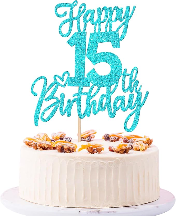 1 PCS Happy 15th Birthday Cake Topper Glitter Cheers to 15 Years Birthday Cake Pick Sweet 15 Fabulous Cake Decoration for Happy 15th Birthday Anniversary Theme Party Decorations Supplies Blue