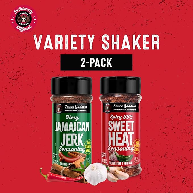 Sauce Goddess - Spicy BBQ Sweet Heat & Fiery Jamaican Jerk Duo Premium Spices, No MSG, No Additives, Plant-Based, Shakers for Meat & Veggies - 2-Pack