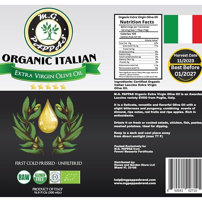 M.G. PAPPAS Italian Organic Olive Oil Extra Virgin Cold Pressed Award Winning, Unfiltered EVOO, Gluten-Free, Allergens Free Italian Olive Oil - Perfect for Salads, Dipping, Cooking, 16.9 Oz (500ml)
