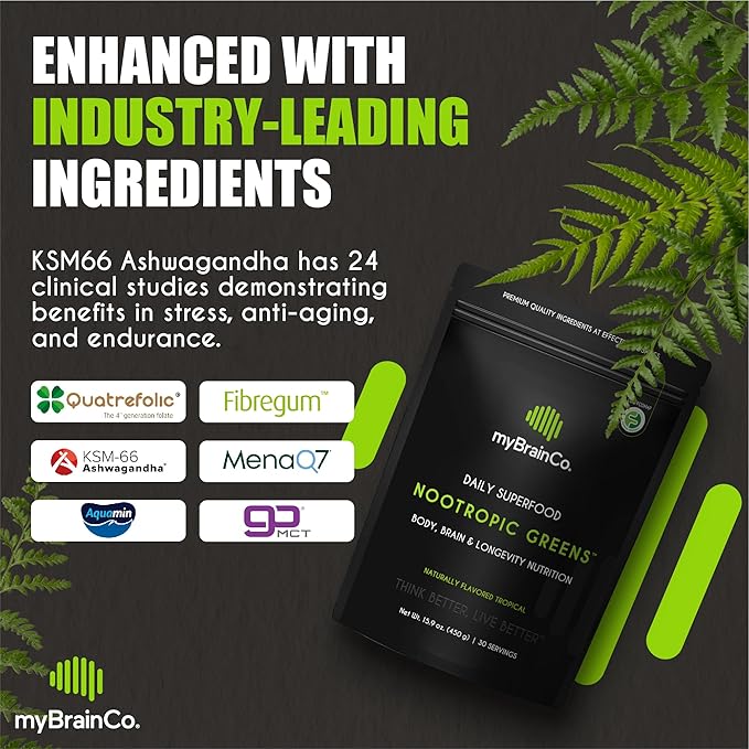 Nootropic Greens - Premium All-in-One Body, Brain & Longevity Optimization Nutrition. Organic Greens & Superfoods, Alpha-GPC, L-Theanine, Lion?™s Mane, TMG, NR, NAC & More. (15.9 oz)