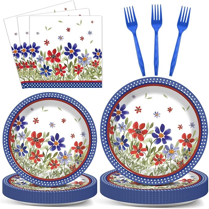 96Pcs American Memorial Patriotic Plates and Napkins Independence Day Party Decorations 4th of July Poppy Flower Dessert Plates Patriotic Tableware for 24 Guests Labor Veterans Days Party Supplies