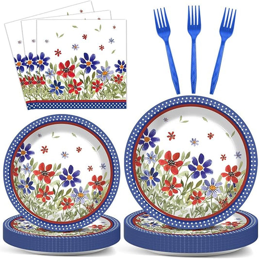 96Pcs American Memorial Patriotic Plates and Napkins Independence Day Party Decorations 4th of July Poppy Flower Dessert Plates Patriotic Tableware for 24 Guests Labor Veterans Days Party Supplies