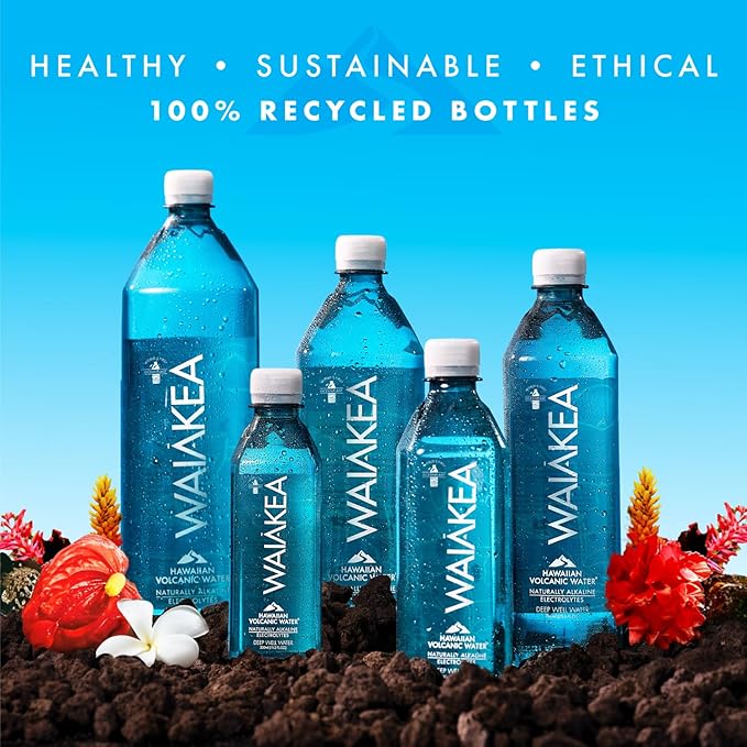 Waiakea Hawaiian Volcanic Water, Naturally Alkaline, 100% Recycled Bottle, 1L (Pack of 12), 33.8 Fl Oz (Pack of 12)