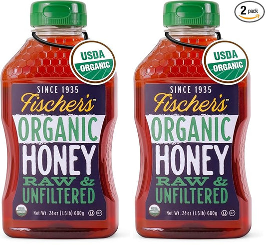 Fischer’s 100% Organic Honey, USDA Certified, 24 oz Squeeze Bottle – Pure, Unfiltered, Raw Honey – All-Natural Sweetener – Rich Flavor Profile, Natural Honey Packed with Nutrients (Pack of 2)