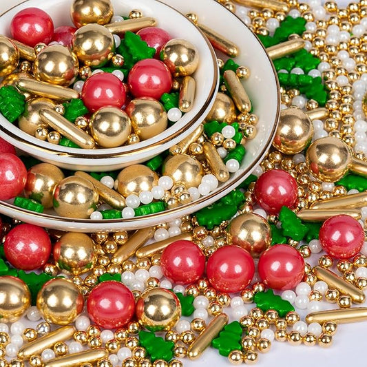 Twisweet Christmas Sprinkles, Gold and Red Pearls for Cake Decorating, Edible Christmas Tree Sugar Sprinkles for Baking, Candy Pearls Rods Mix, Cake Topper Ice Cream Cupcake Cookie Toppings Dessert Decorations, Xmas Party Supplies (130g/4.58oz)