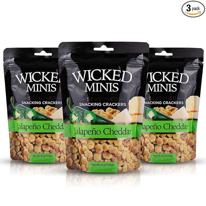 Wicked Minis Soup & Oyster Crackers - Saltine & Salted Flavored Mini Puffed Soup, Savory Snacking Mix, Seasoned Croutons Salad Toppers, Crackers for Chili 6oz (Jalapeno Cheddar, Pack of 3)