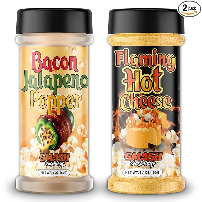 Flaming Hot Cheese & Bacon Jalape챰o Popper Popcorn Seasoning ??2 Pack Spicy Savory Snack Blend with Cheese, Jalapeno, Bacon ??Bold Sprinkle for Popcorn, Fries, Chips, Nachos, Veggies, Party Snacks