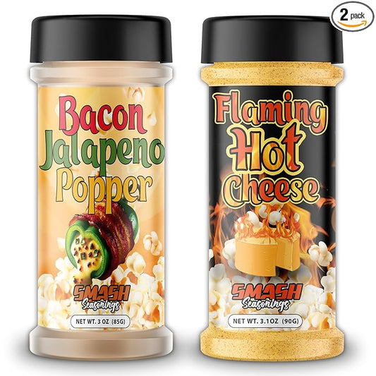 Flaming Hot Cheese & Bacon Jalape챰o Popper Popcorn Seasoning ??2 Pack Spicy Savory Snack Blend with Cheese, Jalapeno, Bacon ??Bold Sprinkle for Popcorn, Fries, Chips, Nachos, Veggies, Party Snacks