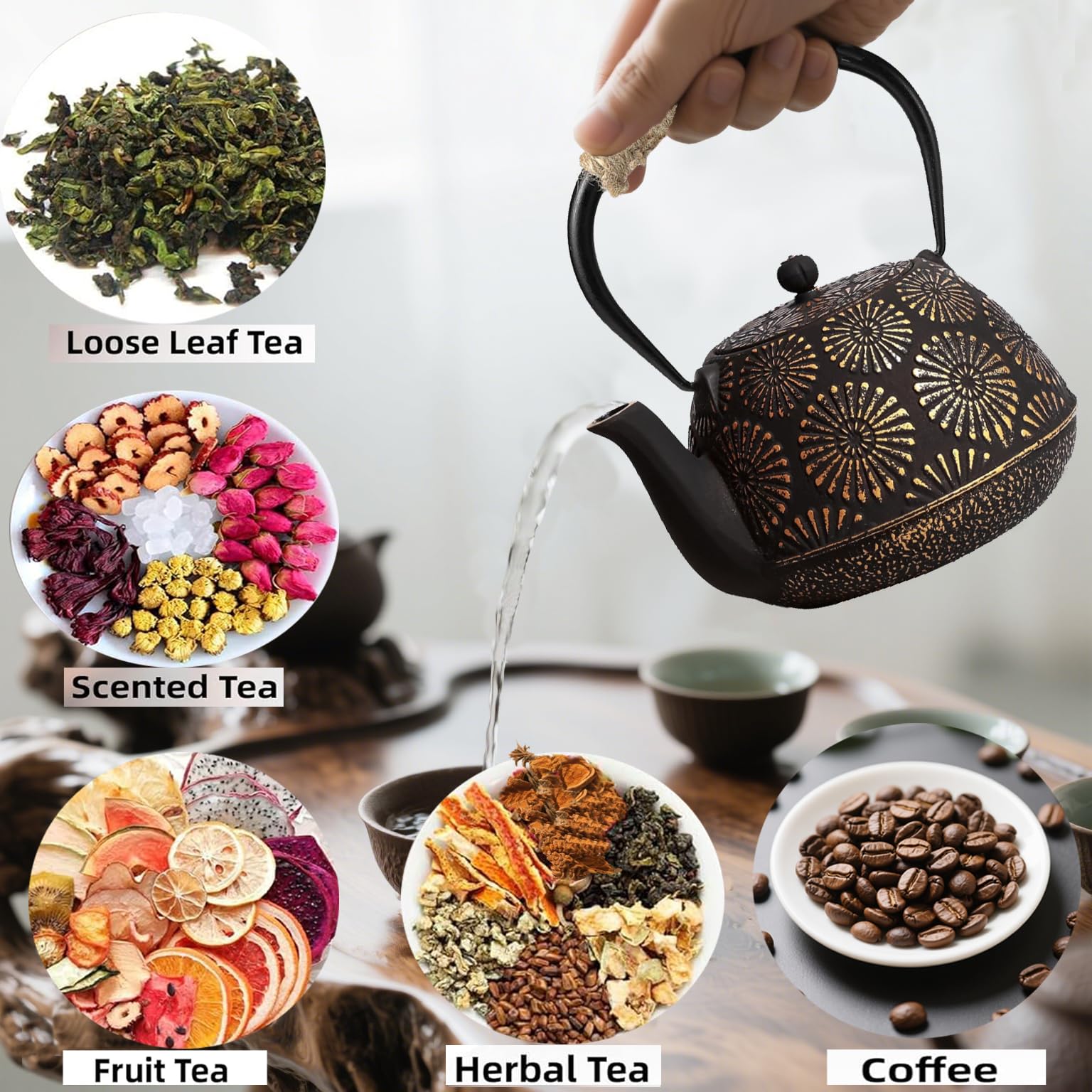 TiwisiTe Cast Iron Teapot 40oz Infuser, Gold Gilt Enamel Lining