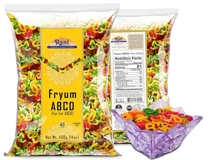 Rani Far Far / Fryums (Wheat & Tapioca Pellet) ABCD Shape 14oz (400g) ~ Vegan, Kosher, Uncooked, Used to Make Papad, Bhungra / Chip Snack