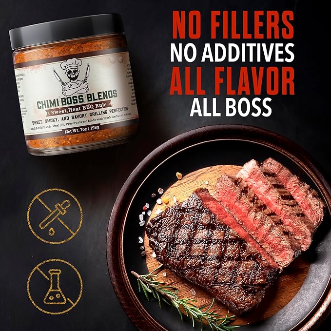 Sweet Heat BBQ Rub by Chimi Boss Blends, 7oz ??All-Natural BBQ Seasoning with a Bold Kick of Sweet and Spicy ??Handcrafted, No Fillers, Perfect Barbecue Rub for Grilling Meats, Ribs, Chicken, Pork & Veggies