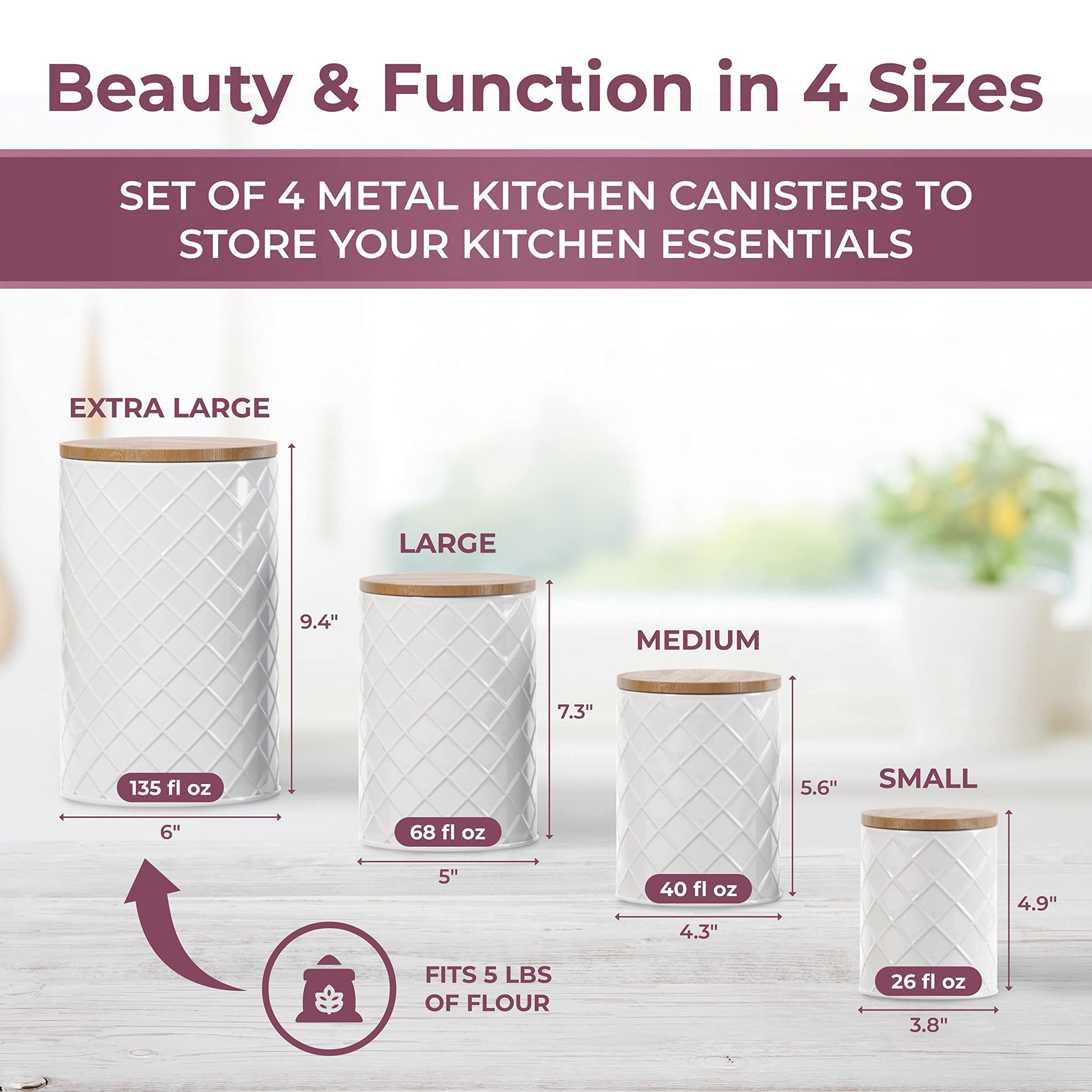 Pebble & Stem® White Metal Canister Set for the Kitchen Counter, Food Canister Set of 4, Airtight