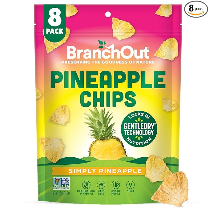 BranchOut Pineapple Chips, No Sugar Added, Real Dried Pineapple Chunks, GentleDry, Better than Freeze Dried Pineapple, Healthy Vegan Fruit Snacks for Kids & Adults, 1.5 oz (Pack of 8)