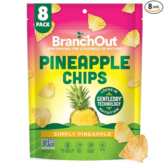BranchOut Pineapple Chips, No Sugar Added, Real Dried Pineapple Chunks, GentleDry, Better than Freeze Dried Pineapple, Healthy Vegan Fruit Snacks for Kids & Adults, 1.5 oz (Pack of 8)