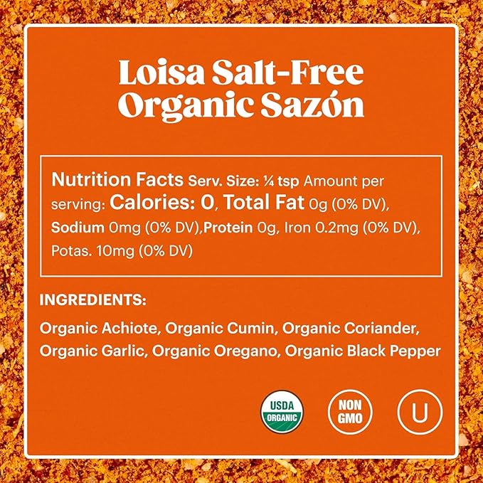 Loisa Seasoning, USDA Organic, Non-GMO, No-MSG, No Preservatives, No Artificial Coloring, No Artificial Flavors, 2.9oz (SALT-FREE Sazón Two Pack)