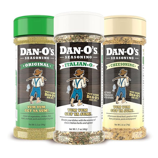 Dan-O's 3 Bottle Seasoning Set, Small Bottles, 3 Pack, Includes Original, Cheesoning and Italian-O Seasonings, Sugar Free, Zero Calorie, Use this Seasoning Kit for Pasta, Meat or Sauce