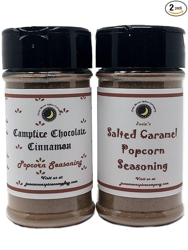 Popcorn Seasoning | Variety 2 Pack | Salted Caramel | Campfire Chocolate Cinnamon | Calorie Free | Crafted in Small Batches | 3.5 fl. oz.Shaker Jars | Premium | Flavor Duo ??2-Pack for Sweet and Savory Bliss!