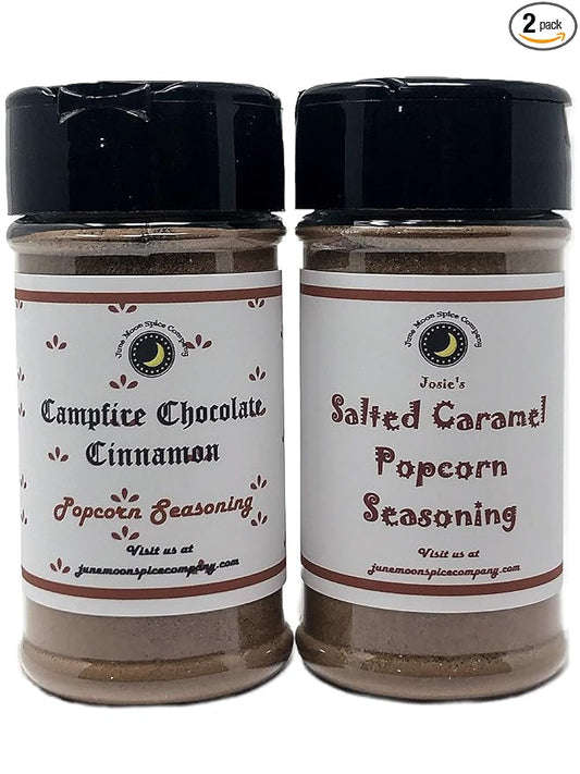 Popcorn Seasoning | Variety 2 Pack | Salted Caramel | Campfire Chocolate Cinnamon | Calorie Free | Crafted in Small Batches | 3.5 fl. oz.Shaker Jars | Premium | Flavor Duo ??2-Pack for Sweet and Savory Bliss!