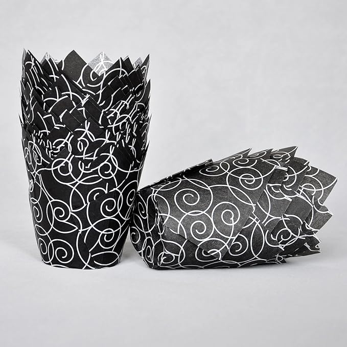Muffin Greaseproof paper Baking cupcake cups, 2"(Bottom diameter) x 3-1/2"(Height) Black Fancy Floral Print Tulip Baking Cup Case of 125 pcs (125, Standard)