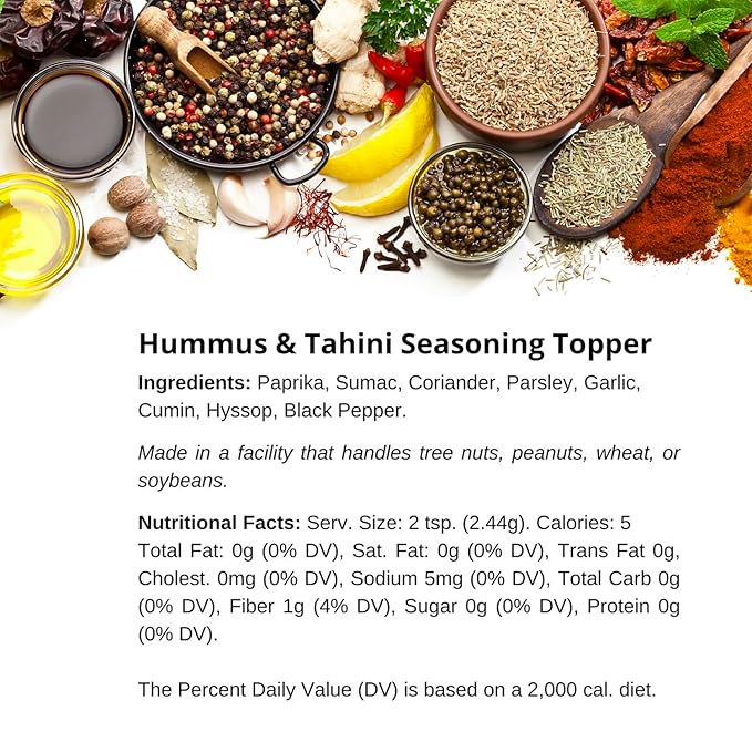 Premium Hummus & Tahini Seasoning Topper by SPICE + LEAF - Vegan Kosher Presticide Free - Spice blend for Hummus, Tahini, Guacamole, Eggs, Salad, Fish and Cooked Vegetables, 2.4 oz.