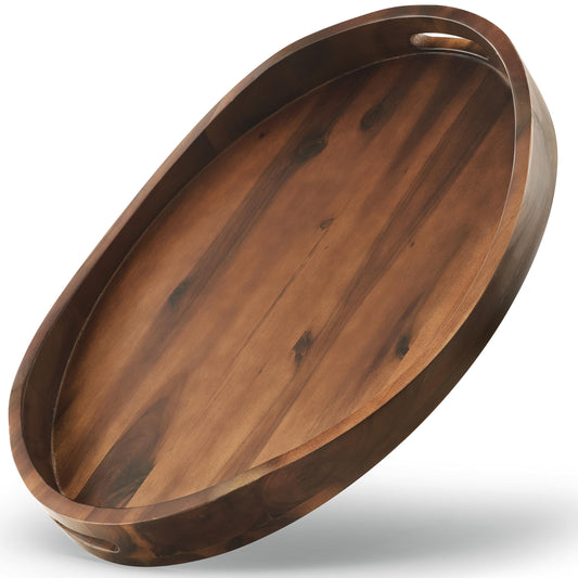 TIDITA Acacia Oval Wooden Serving Tray with Handle, 16.5"x13", Walnut Color
