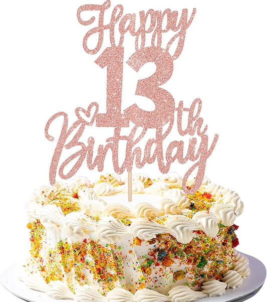 1 PCS Happy 13th Birthday Cake Topper Glitter Cheers to 13 Years Birthday Cake Pick 13 Official Teenager Cake Decoration for Happy 13th Birthday Anniversary Theme Party Decorations Rose Gold