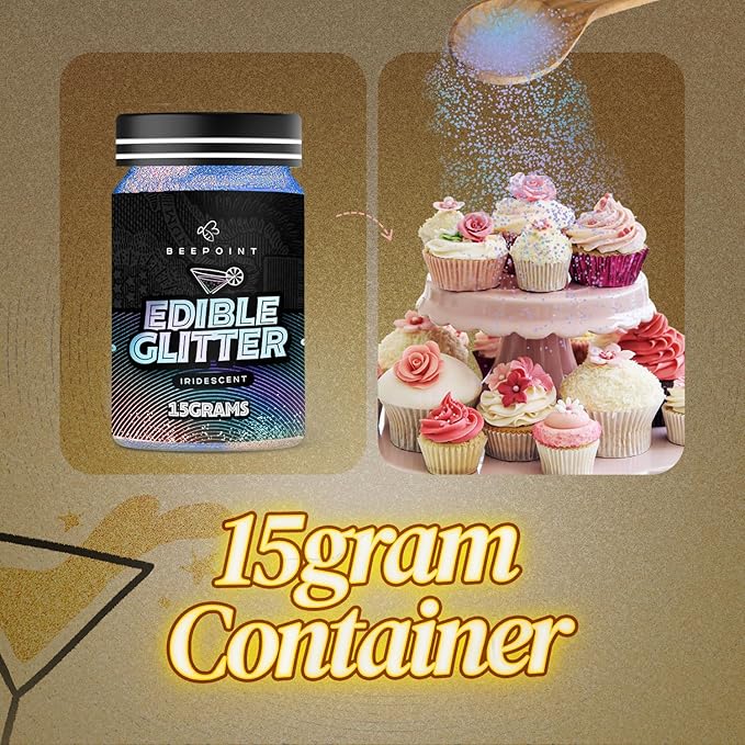 BeePoint Iridescent Edible Glitter for Drinks 15g - Food Grade, Vibrant Color Shimmer Powdered Dust for Drinks, Cocktails, Cake Decorating, Baking, Chocolates, Candy, Sweets, & Cookies - Vegan & Gluten Free