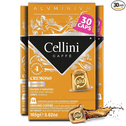 Cellini Caffè Cremoso Aluminum Nespresso Pods, 30 Count, Medium Roast Coffee Capsules, 100% Nespresso Original Machine Compatible