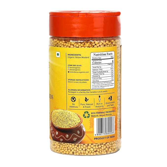 Darsa Organics Yellow Mustard Seed – 5.3oz USDA Organic, Non-GMO, Kosher, Gluten-Free – Perfect for Pickling, Cooking, Sauces, Curries, Marinades, and Flavoring with Authentic Indian Spice