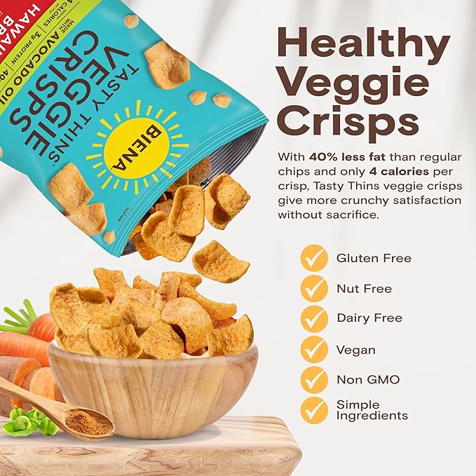 BIENA Tasty Thins Veggie Crisps ??Hawaiian BBQ, 4-Pack, 4 oz Bags ??Chickpeas & Veggies, Vegan, Gluten Free, Dairy-Free, Non-GMO, Allergy-Friendly, Healthy Snacks for Adults and Kids