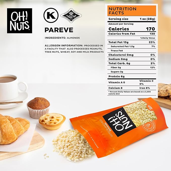 Oh! Nuts Almonds Diced Blanched - Raw - 100% Natural - 2 lb - High-Protein Diced Almonds - Packed in New York Zip-Seal Bag for Exceptional Freshness