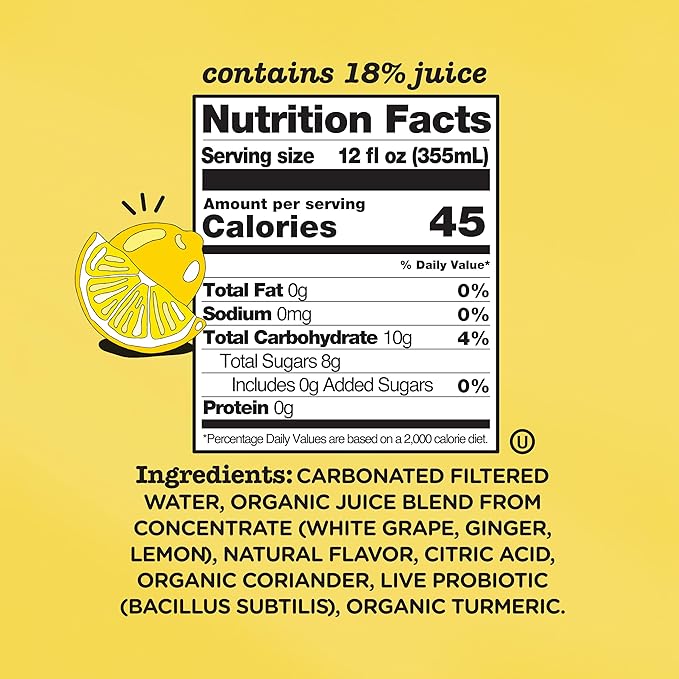 Culture Pop Soda, Ginger Lemon & Turmeric, Probiotic Low Sugar Soda, Sparkling Juice Alternative, Non-GMO, Kosher, Gluten-Free, No Stevia (12pk)