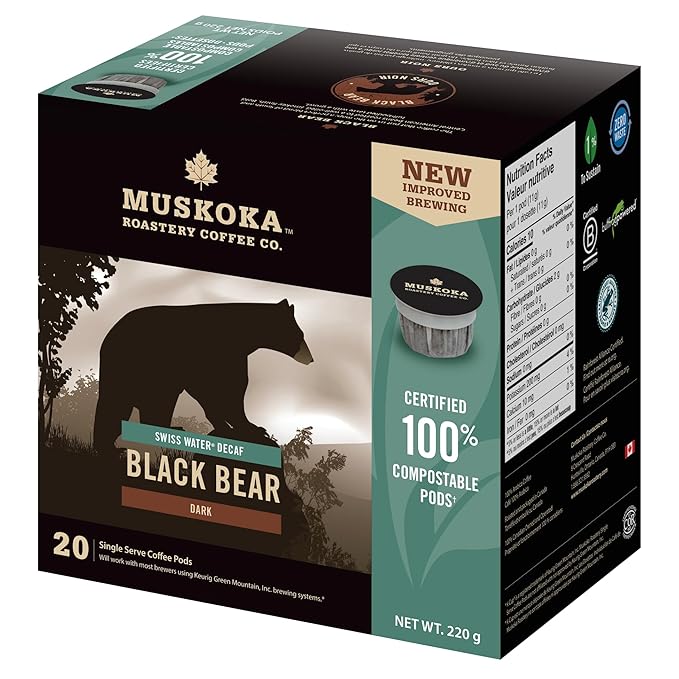 Muskoka Roastery Coffee, Black Bear, Decaf Dark Roast, 20 Single Serve Coffee Pods, Compatible with K-Cup Keurig Brewers