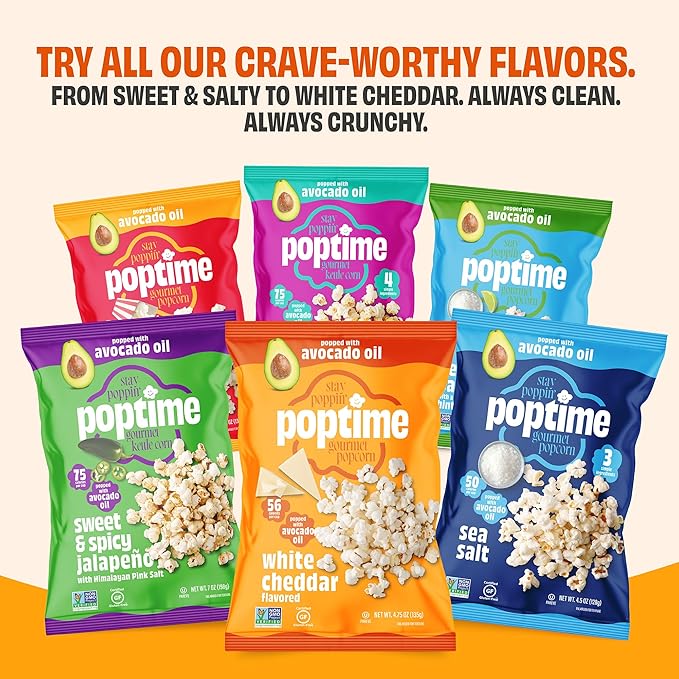 Poptime White Cheddar Popcorn Snack Bags ??Gourmet Popcorn Bags, Healthy Snack With Heart-Healthy Avocado Oil, Crunchy, Cheesy, Gluten Free, Vegan, Low Calorie, Non-GMO, Kosher - 4.75 oz - Pack 12