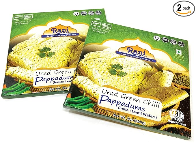 Rani Pappadums (Indian Lentil Wafer Snack) Green Chilli Papad 7oz (200g) Approximately 15pc, 7 inches, Pack of 2 ~ All Natural | Gluten Friendly | NON-GMO | Vegan | Indian Origin