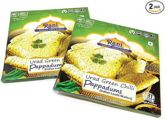 Rani Pappadums (Indian Lentil Wafer Snack) Green Chilli Papad 7oz (200g) Approximately 15pc, 7 inches, Pack of 2 ~ All Natural | Gluten Friendly | NON-GMO | Vegan | Indian Origin
