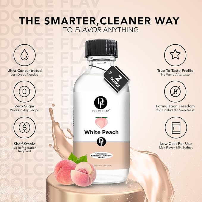Dolce Flav Natural White Peach Extract 2 oz ??Kosher, Sugar-Free, Concentrated Sweet White Peach Flavoring for Beverages, Desserts & Baking, Includes Measured Dropper