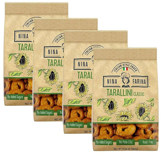 NINA FARINA Tarallini Classic -Fresh Baked Italian Crackers Free from Added Sugars, Palm Oils and Yeast - Italian Style Nutritious Tarallini Crackers Great for Health 6.35oz/bag (4PACK)