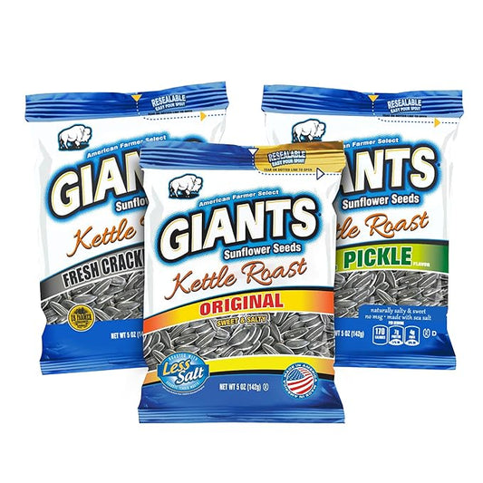 GIANTS Sunflower Seeds Variety Pack - Flavored Sunflower Seeds to Eat, Dill Pickle Sunflower Seeds, Cracked Pepper, Sweet & Salty, 8g Protein Per Serving - 5 oz Resealable Bags (Pack of 3)