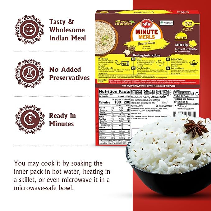 MTR Ready-To-Eat: Jeera Rice - Cumin Rice - Microwavable Rice Packs for Instant Meals - Delicious & Nutritious Rice Ready in Minutes - Suitable for Vegetarians with Natural Ingredients - (Pack of 6)